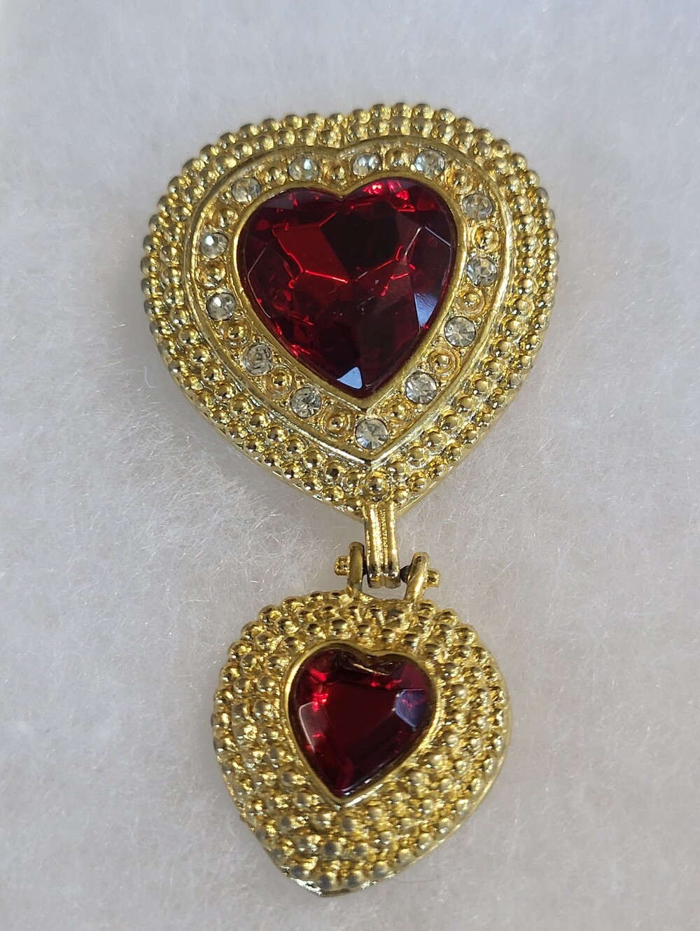 Vintage Victoria Secret Gold Heart Drop Brooch with Red Crystal Accent